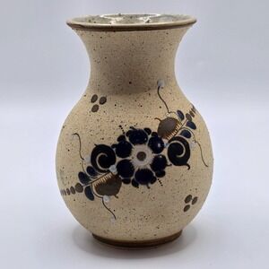 Vintage Mexican Pottery Bud Vase 5.5" Blue Floral Hand Painted Decor